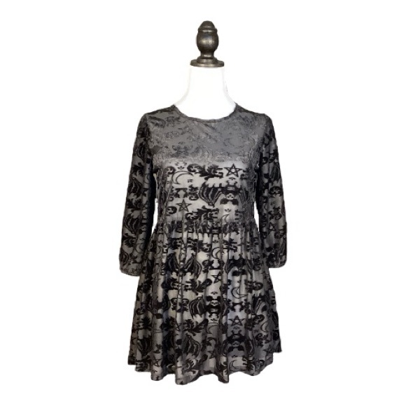 Iron Fist Black Burnout Velvet Bat Moon Keyhole Goth Babydoll Sheer Mini Dress S - Picture 2 of 8